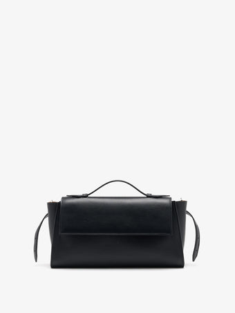 Proenza Schouler Front image of Tate Clutch with Strap in Smooth Calf in Black with Tabs opened