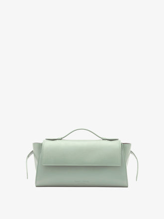 Proenza Schouler Front image of Tate Clutch with Strap in Smooth Calf in Stone Blue with tabs extended