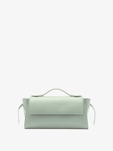 Proenza Schouler Front image of Tate Clutch with Strap in Smooth Calf in Stone Blue with tabs extended