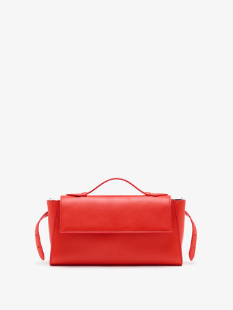 Proenza Schouler Front image of Tate Clutch with Strap in Smooth Cal in Vermillion with Tabs opened 