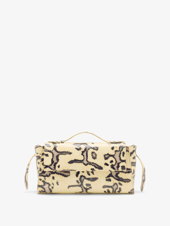Proenza Schouler Front image of Tate Clutch with Strap in Ball Python in Resin Multi with Tabs opened