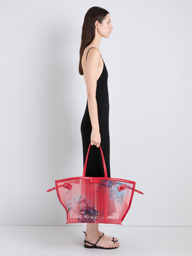 Proenza Schouler Image of model wearing Days Carryall in Printed Mesh in Flame Multi