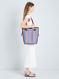 Proenza Schouler Image of model wearing North South Days Tote in Striped Canvas in Sapphire Rust