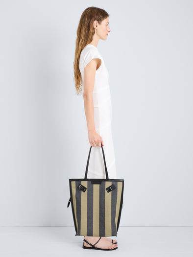 Proenza Schouler Image of model wearing North South Days Tote in Striped Canvas in Moss Black