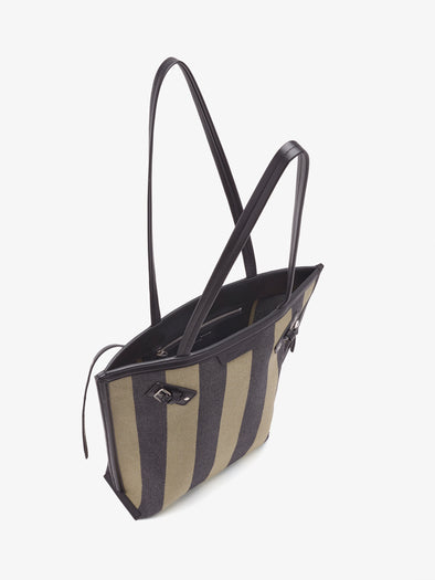 Proenza Schouler Aerial image of North South Days Tote in Striped Canvas in Moss Black