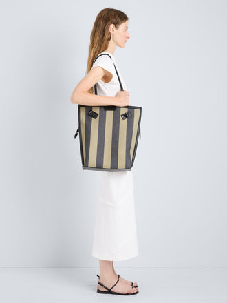 Proenza Schouler Image of model wearing North South Days Tote in Striped Canvas in Moss Black