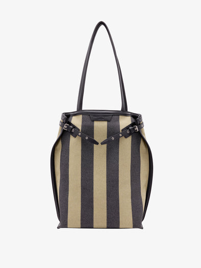 Proenza Schouler Front image of North South Days Tote in Striped Canvas in Moss Black with tabs extended