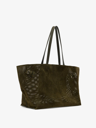 Proenza Schouler Side image of Days Carryall in Perforated Suede in Olive