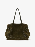 Proenza Schouler Front image of Days Carryall in Perforated Suede in Olive w tabs closed