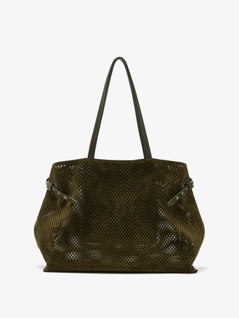 Proenza Schouler Front image of Days Carryall in Perforated Suede in Olive w tabs closed