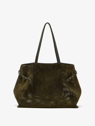 Proenza Schouler Front image of Days Carryall in Perforated Suede in Olive w tabs closed