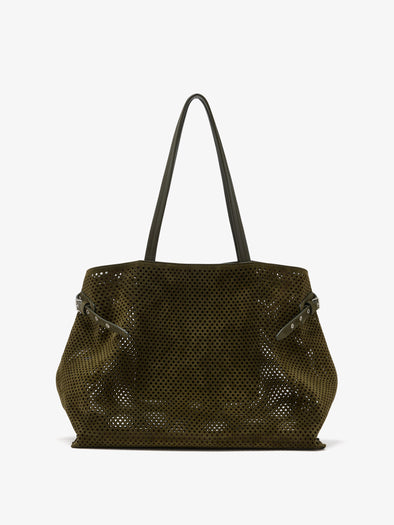 Proenza Schouler Front image of Days Carryall in Perforated Suede in Olive w tabs closed