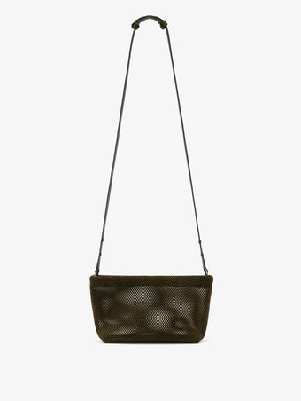 Proenza Schouler Front image of Bond Bag in Perforated Suede in Olive with strap extended