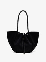 Proenza Schouler Aerial image of Large Ruched Tote in Suede and Braided Calf in Black