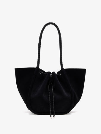 Proenza Schouler Aerial image of Large Ruched Tote in Suede and Braided Calf in Black
