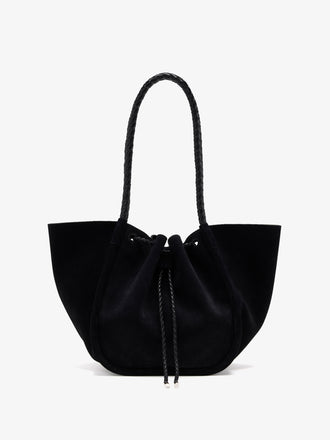 Proenza Schouler Aerial image of Large Ruched Tote in Suede and Braided Calf in Black