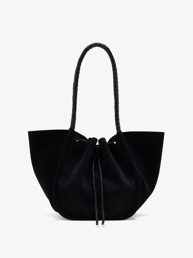 Proenza Schouler Aerial image of Large Ruched Tote in Suede and Braided Calf in Black