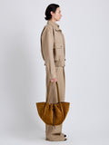 Proenza Schouler Image of model wearing Large Ruched Tote in Suede and Braided Calf in Hazelnut