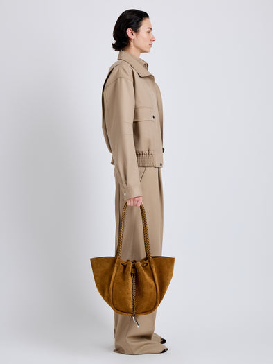 Proenza Schouler Image of model wearing Large Ruched Tote in Suede and Braided Calf in Hazelnut