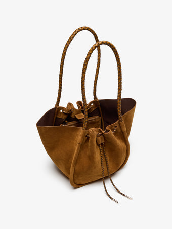 Proenza Schouler Aerial image of Large Ruched Tote in Suede and Braided Calf in Hazelnut