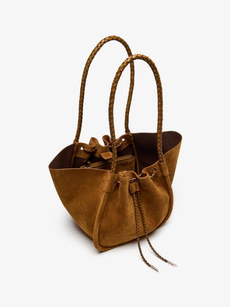Proenza Schouler Aerial image of Large Ruched Tote in Suede and Braided Calf in Hazelnut