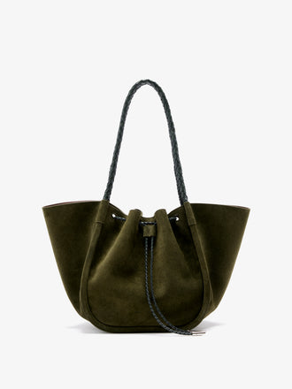 Proenza Schouler Front image of Large Ruched Tote in Suede and Braided Calf in Forest Green