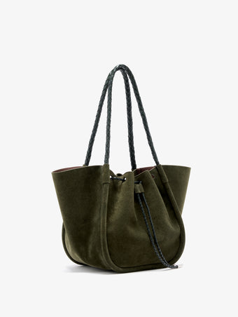 Proenza Schouler Side image of Large Ruched Tote in Suede and Braided Calf in Forest Green