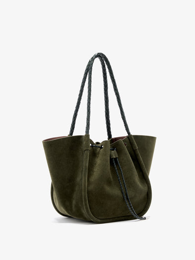 Proenza Schouler Side image of Large Ruched Tote in Suede and Braided Calf in Forest Green