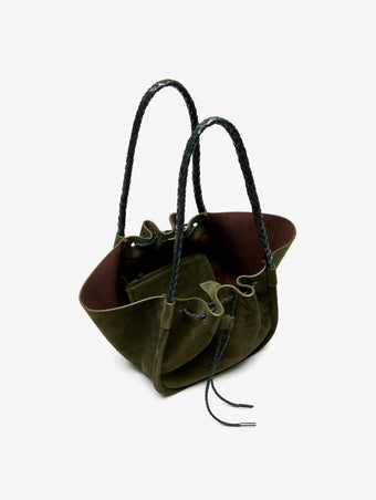 Proenza Schouler Aerial image of Large Ruched Tote in Suede and Braided Calf in Forest Green