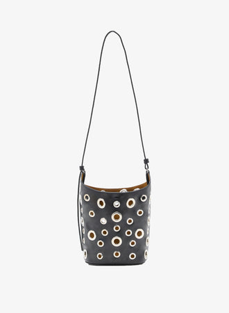 Proenza Schouler Front image of Mini Bucket Bag in Smooth Calf with Grommets in Black with strap extended
