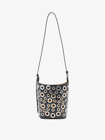 Proenza Schouler Front image of Mini Bucket Bag in Smooth Calf with Grommets in Black with strap extended