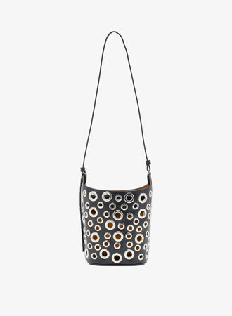 Proenza Schouler Front image of Mini Bucket Bag in Smooth Calf with Grommets in Black with strap extended