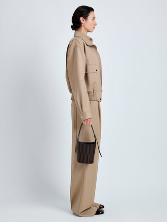 Proenza Schouler Image of model wearing Mini Bucket Bag in Intarsia in BlackEspresso
