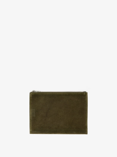 Proenza Schouler Front image of Zip Pouch in Perforated Suede in Olive