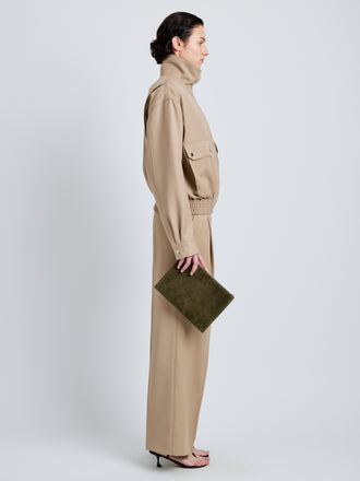 Proenza Schouler Image of model wearing Zip Pouch in Perforated Suede in Olive