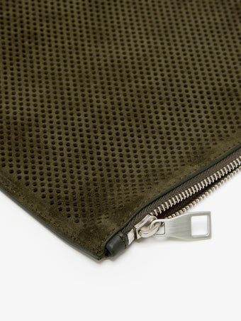 Proenza Schouler Detail image of Zip Pouch in Intarsia in Perforated Suede in Olive