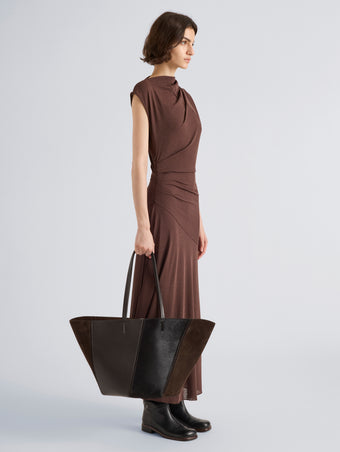 Proenza Schouler Image of model wearing Hex Tote in Haircalf Combo in Chocolate