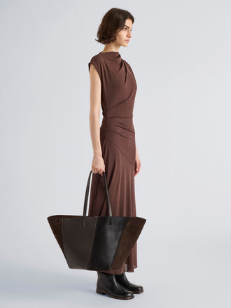 Proenza Schouler Image of model wearing Hex Tote in Haircalf Combo in Chocolate
