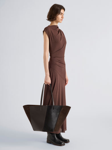 Proenza Schouler Image of model wearing Hex Tote in Haircalf Combo in Chocolate