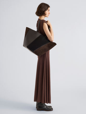 Proenza Schouler Image of model wearing Hex Tote in Haircalf Combo in Chocolate