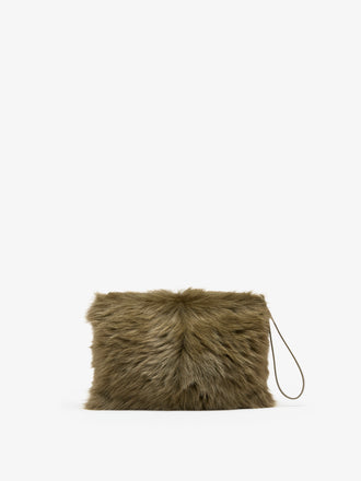 Proenza Schouler Front image of Zip Pouch in Shearling in Khaki