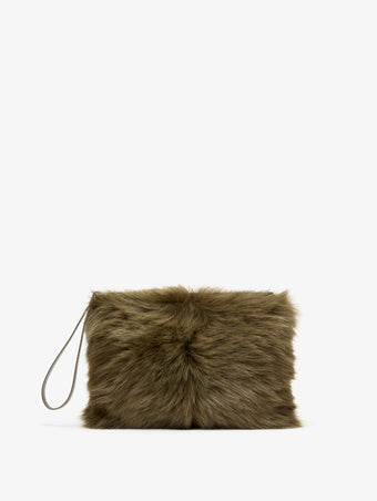 Proenza Schouler Back image of Zip Pouch in Shearling in Khaki