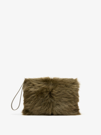 Proenza Schouler Back image of Zip Pouch in Shearling in Khaki