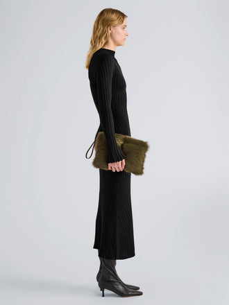 Proenza Schouler Image of model wearing Zip Pouch in Shearling in Khaki
