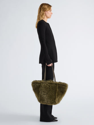 Proenza Schouler Image of model wearing Hex Tote in Shearling in Khaki