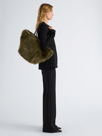Proenza Schouler Image of model wearing Hex Tote in Shearling in Khaki