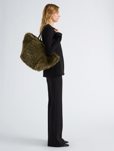 Proenza Schouler Image of model wearing Hex Tote in Shearling in Khaki