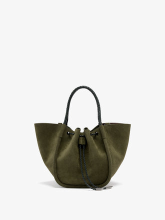 Proenza Schouler Front image of Small Ruched Tote in Suede and Braided Calf in Forest Green
