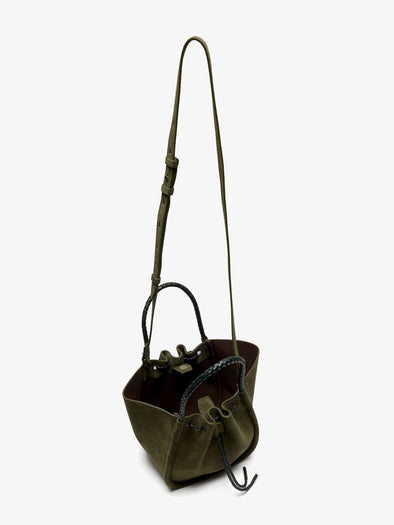 Proenza Schouler Aerial image of Small Ruched Tote in Suede and Braided Calf in Forest Green