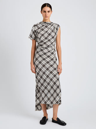 Proenza Schouler front image of model wearing Hallie Dress in Crinkled Plaid in bark multi
